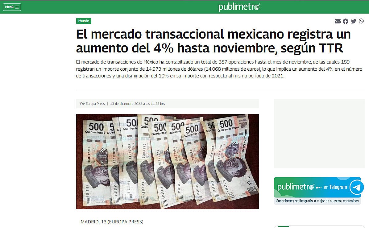 El mercado transaccional mexicano registra un aumento del 4% hasta noviembre, segn TTR